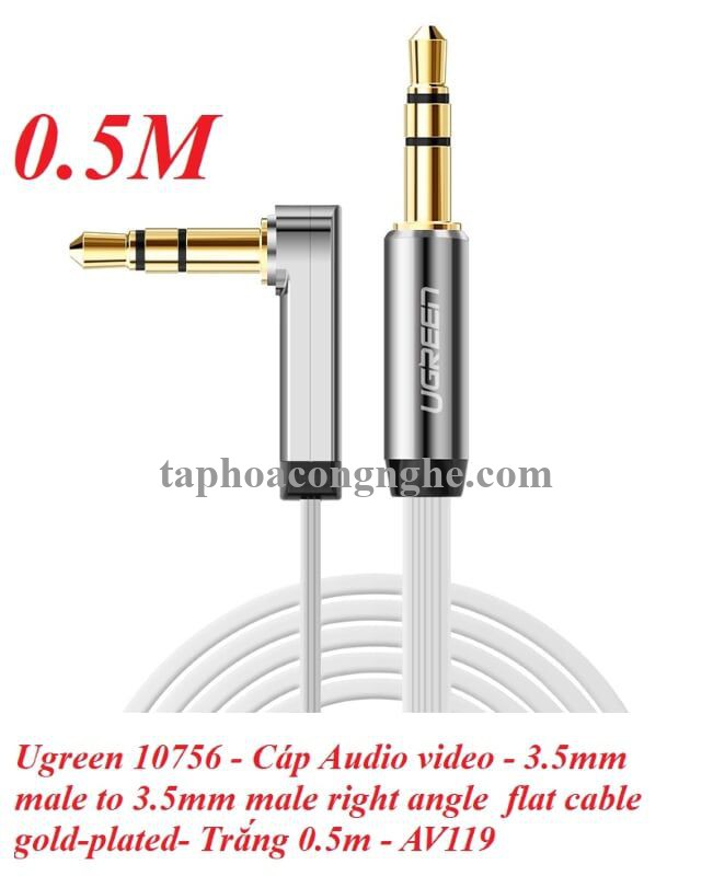 Ugreen 10756 0.5M màu Trắng Cáp âm thanh 2 đầu 3.5mm dương đầu vuông góc mạ vàng AV119 30010756